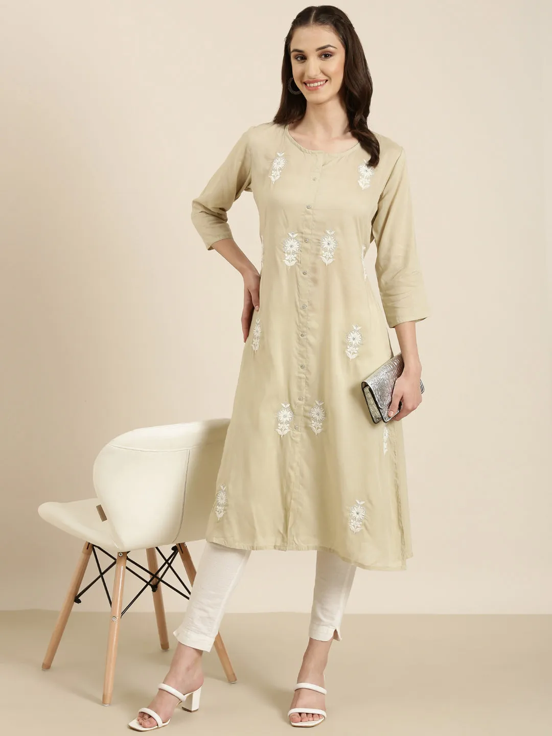Women Beige Floral Embroidered Sequinned A-Line Kurta