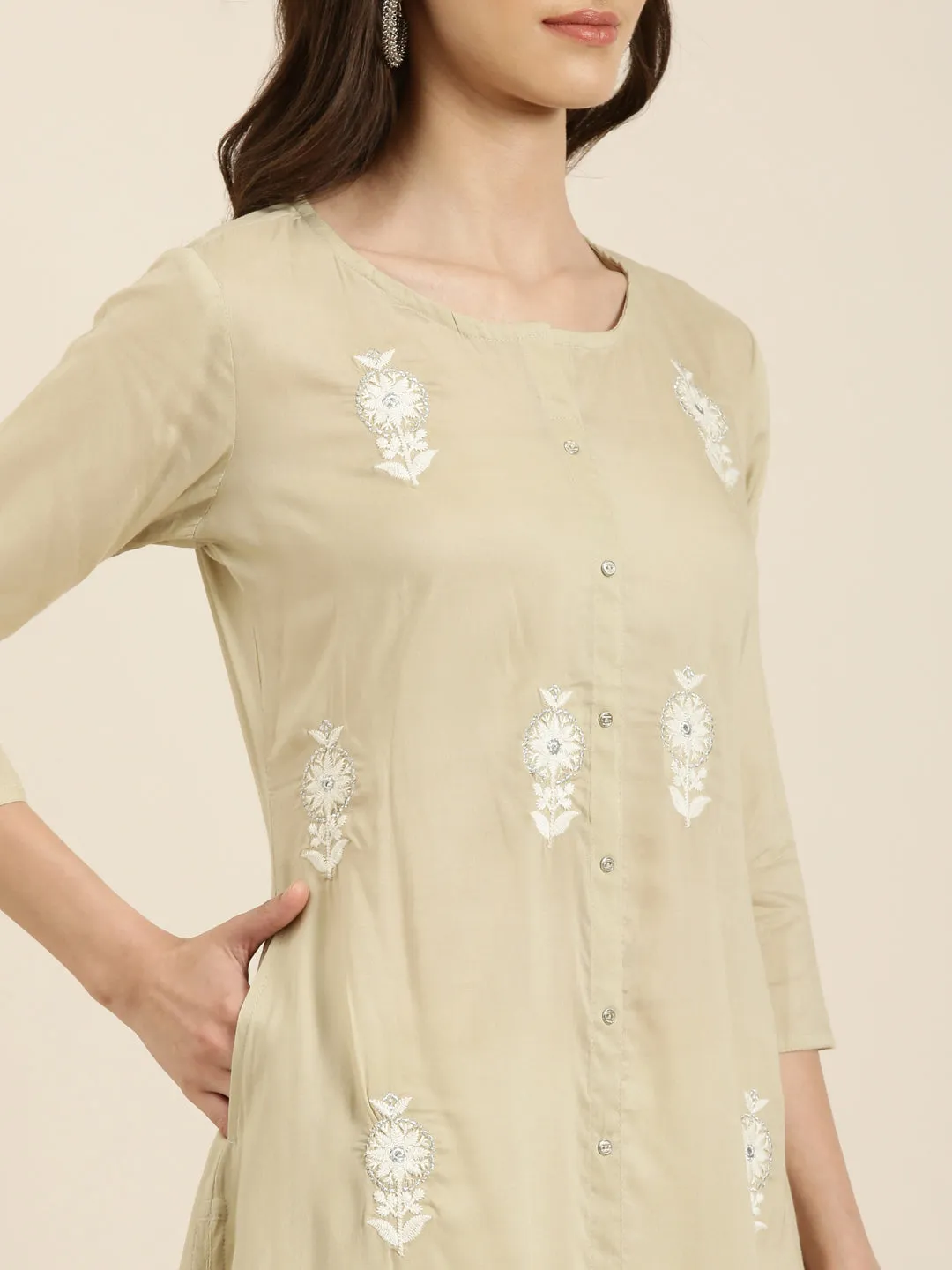 Women Beige Floral Embroidered Sequinned A-Line Kurta
