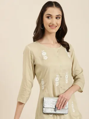 Women Beige Floral Embroidered Sequinned A-Line Kurta