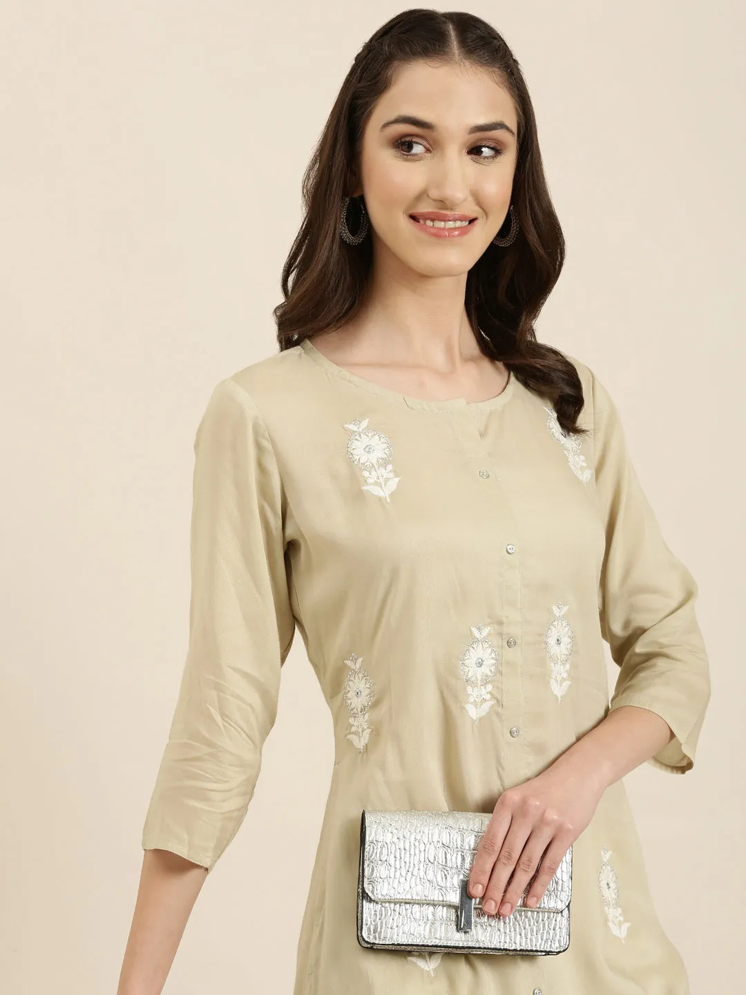 Women Beige Floral Embroidered Sequinned A-Line Kurta