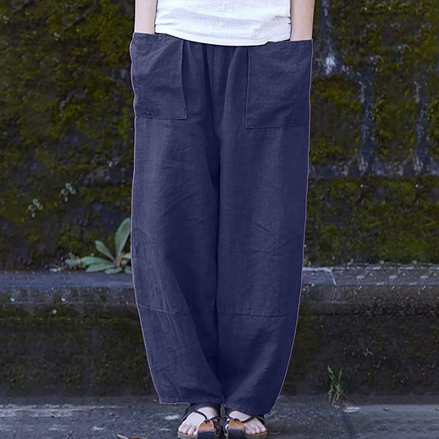 Women Cotton Linen Pants, Summer Casual Lounge Pant Baggy Slouchy Elastic Waist Trousers Beach Travel Vacation Slack