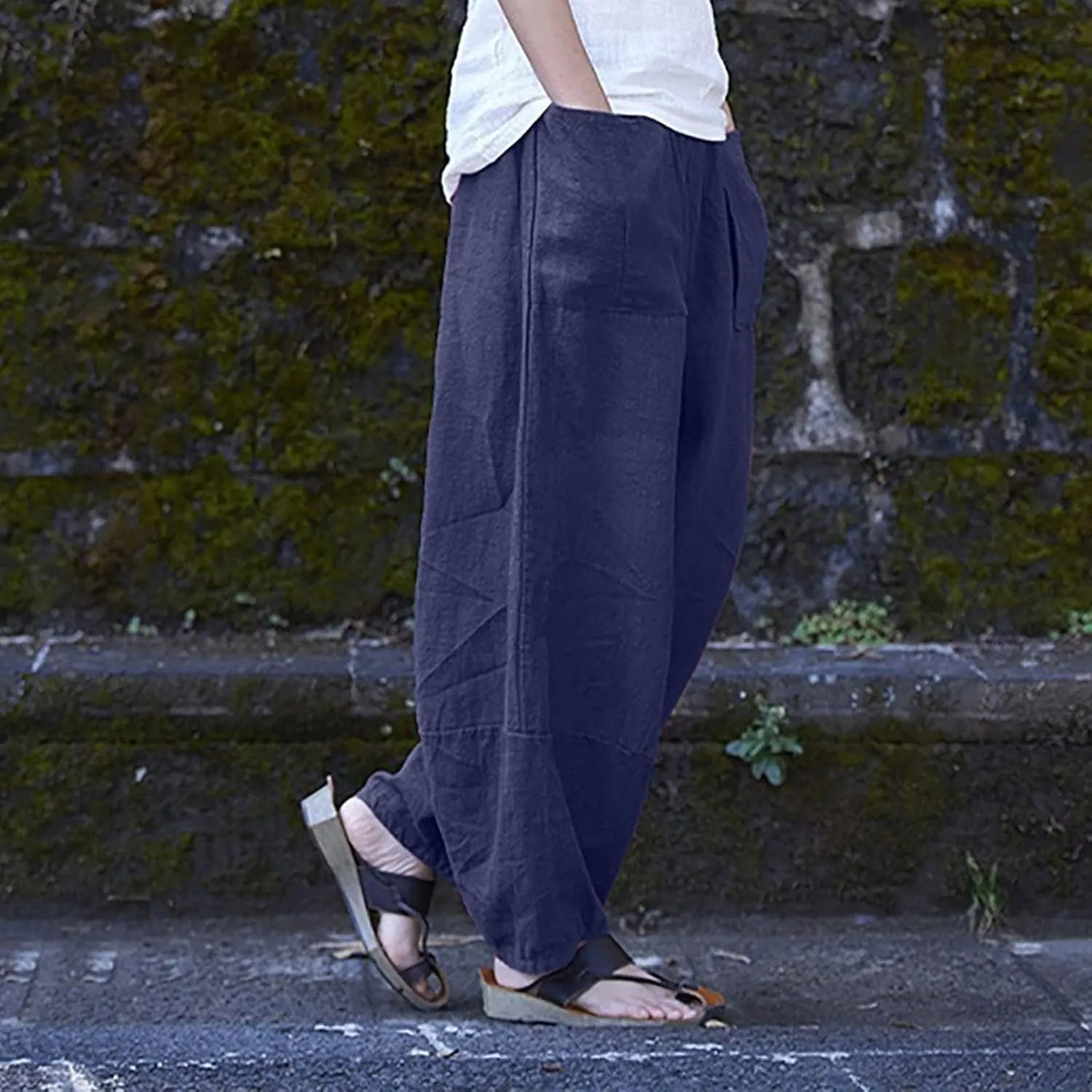 Women Cotton Linen Pants, Summer Casual Lounge Pant Baggy Slouchy Elastic Waist Trousers Beach Travel Vacation Slack
