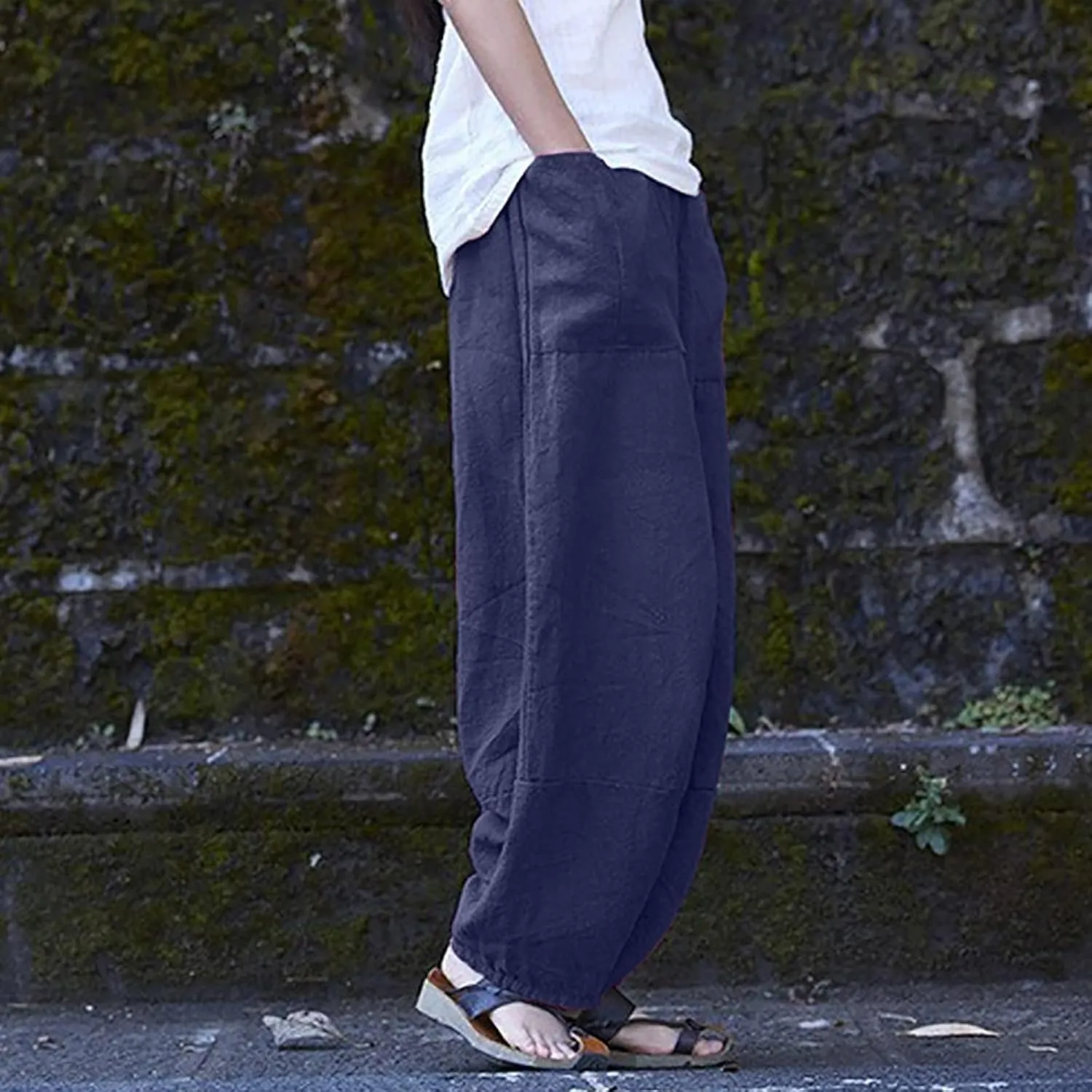 Women Cotton Linen Pants, Summer Casual Lounge Pant Baggy Slouchy Elastic Waist Trousers Beach Travel Vacation Slack