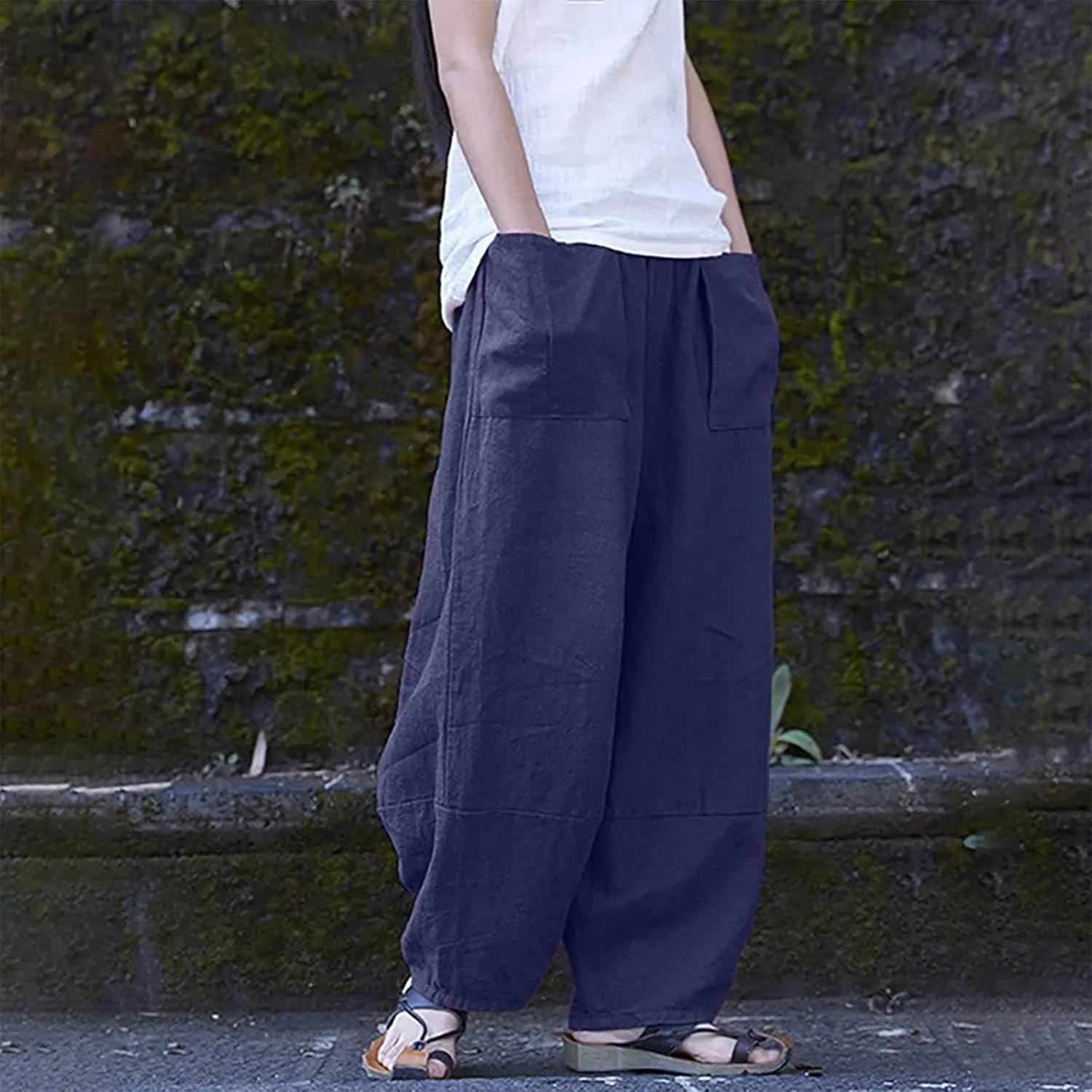 Women Cotton Linen Pants, Summer Casual Lounge Pant Baggy Slouchy Elastic Waist Trousers Beach Travel Vacation Slack