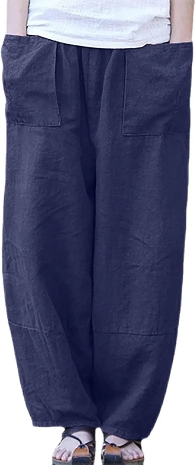 Women Cotton Linen Pants, Summer Casual Lounge Pant Baggy Slouchy Elastic Waist Trousers Beach Travel Vacation Slack
