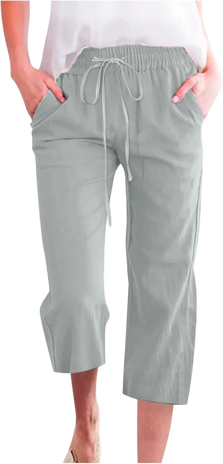 Women Dressy Casual Capri Pants for Women 2025 Summer Linen Pant Wide Leg Casual Cropped Trousers with Pockets