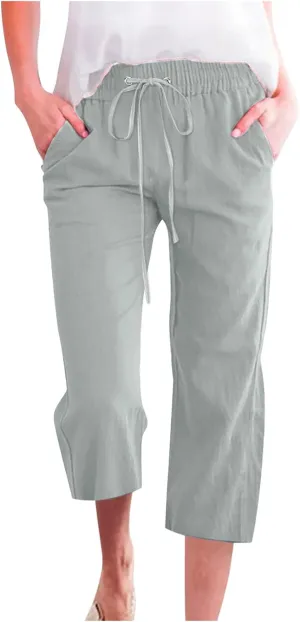 Women Dressy Casual Capri Pants for Women 2025 Summer Linen Pant Wide Leg Casual Cropped Trousers with Pockets