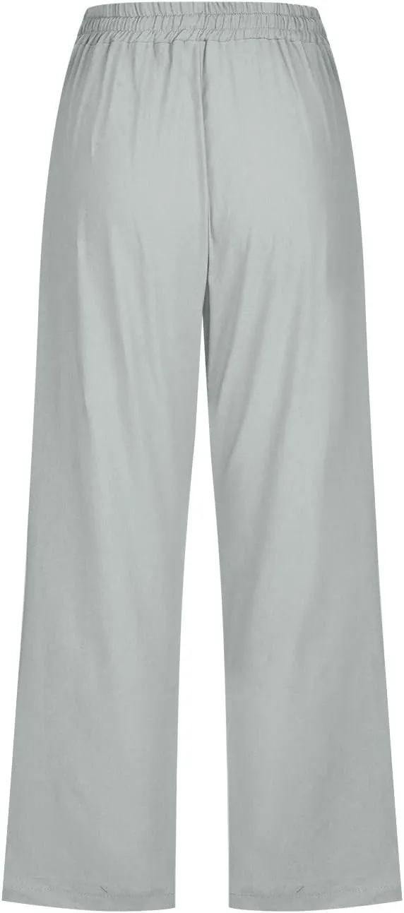 Women Dressy Casual Capri Pants for Women 2025 Summer Linen Pant Wide Leg Casual Cropped Trousers with Pockets