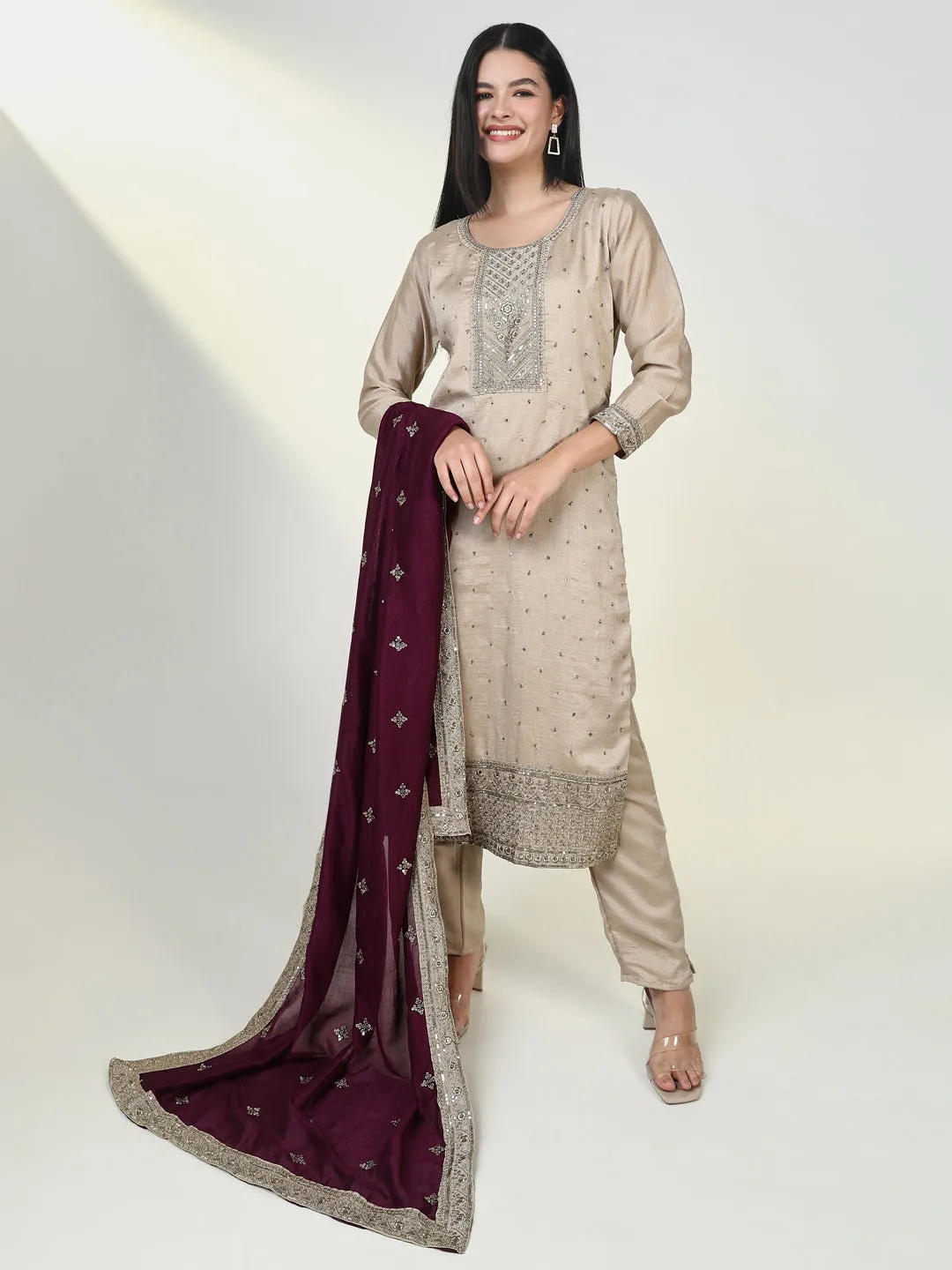 Women Embroidered Beige Kurta Set with Dupatta