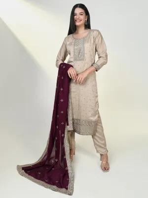 Women Embroidered Beige Kurta Set with Dupatta