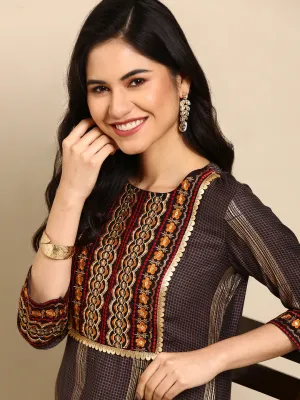 Women Grey Embroidered Checked Straight Kurta Set