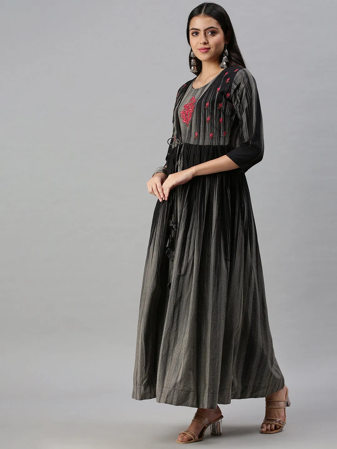 Women Grey Ethnic Motifs Embroidered Anarkali Kurta