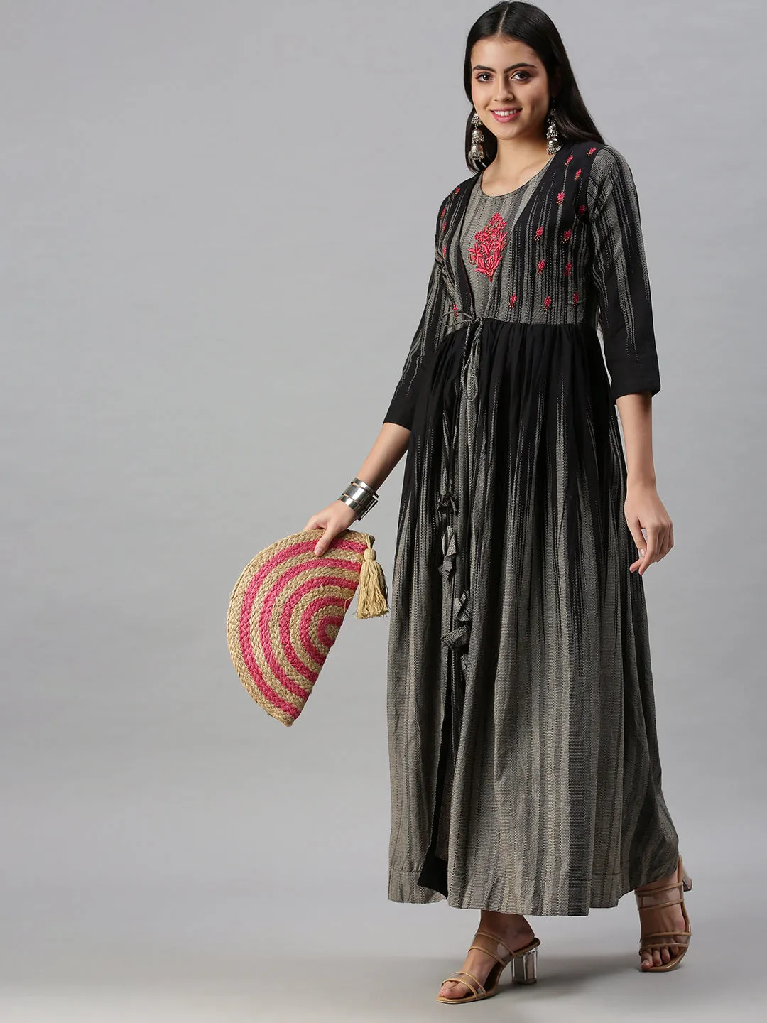 Women Grey Ethnic Motifs Embroidered Anarkali Kurta