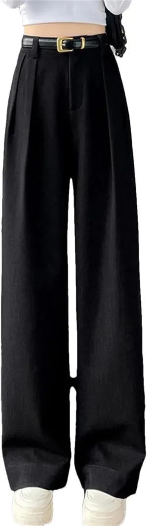 Women High Waist Straight Suit Pants Solid Color Button Belt Casual Slim Wide Leg Trousers