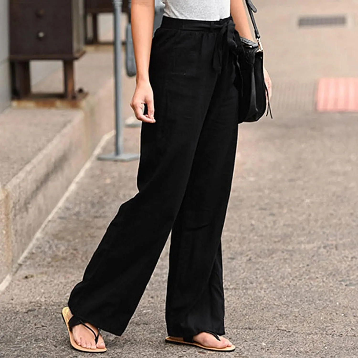 Women High Waisted Tie Knot Palazzo Trousers 2024 Summer Cotton Linen Pants Casual Baggy Wide Leg Lounge Pants with Pocket