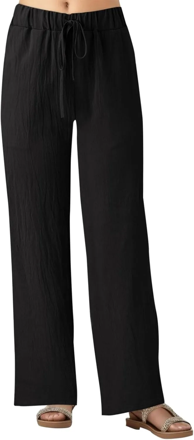 Women Linen Cotton Summer Pants Casual Baagy Palazzo Trousers Drawstring Elastic Waist Straight Wide Leg Pants with Pockets