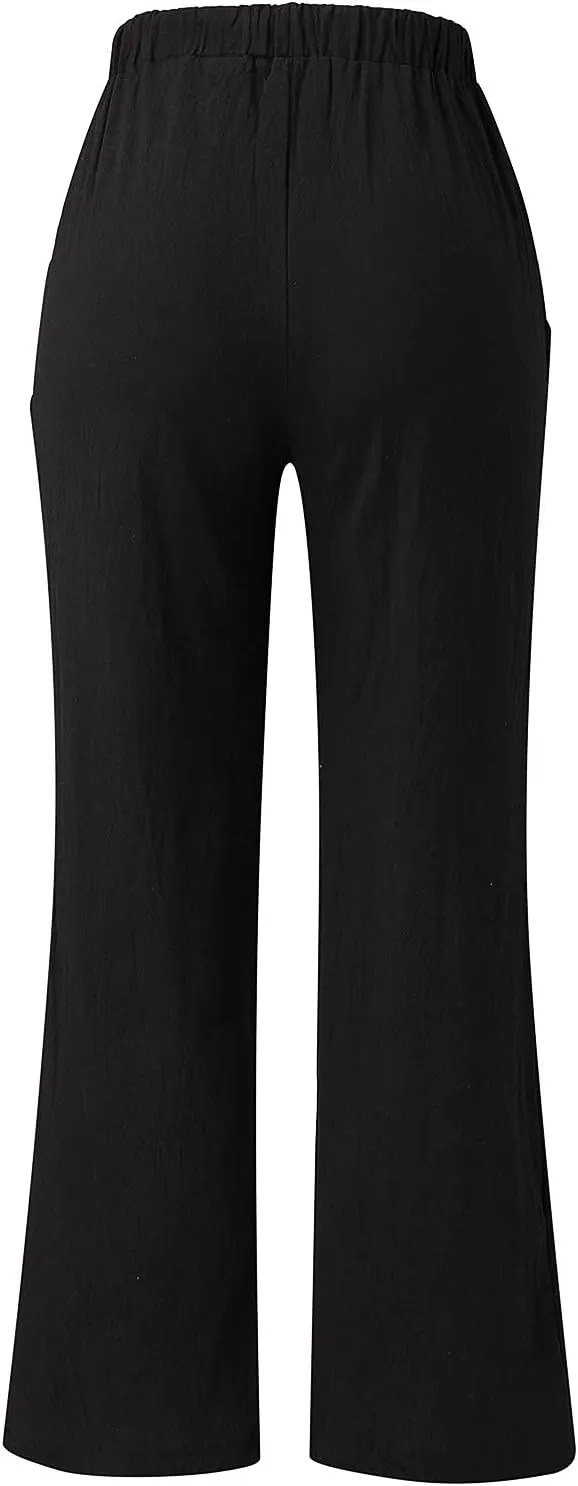Women Linen Cotton Summer Pants Casual Baagy Palazzo Trousers Drawstring Elastic Waist Straight Wide Leg Pants with Pockets