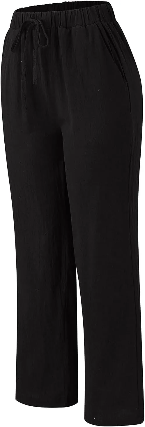 Women Linen Cotton Summer Pants Casual Baagy Palazzo Trousers Drawstring Elastic Waist Straight Wide Leg Pants with Pockets