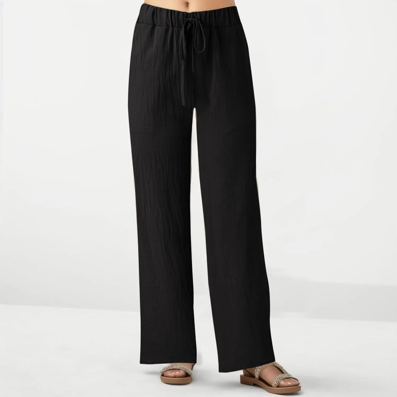 Women Linen Cotton Summer Pants Casual Baagy Palazzo Trousers Drawstring Elastic Waist Straight Wide Leg Pants with Pockets