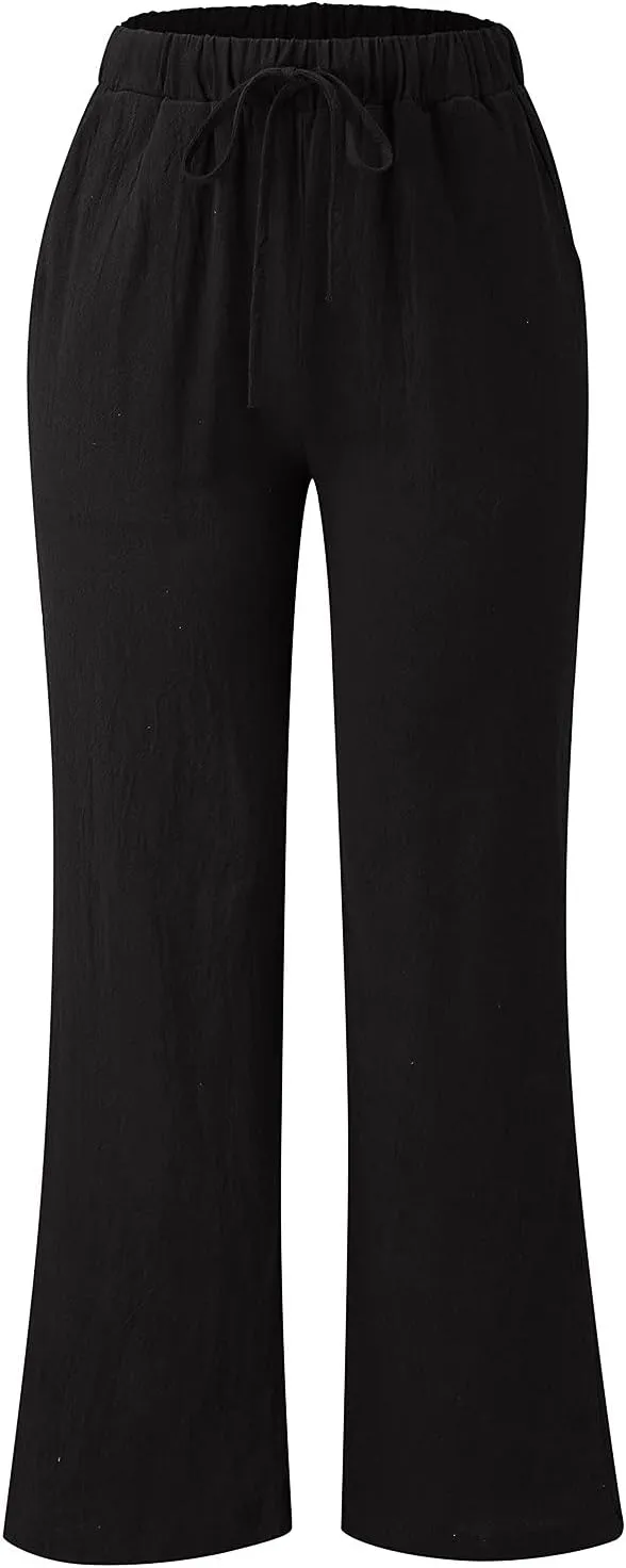 Women Linen Cotton Summer Pants Casual Baagy Palazzo Trousers Drawstring Elastic Waist Straight Wide Leg Pants with Pockets