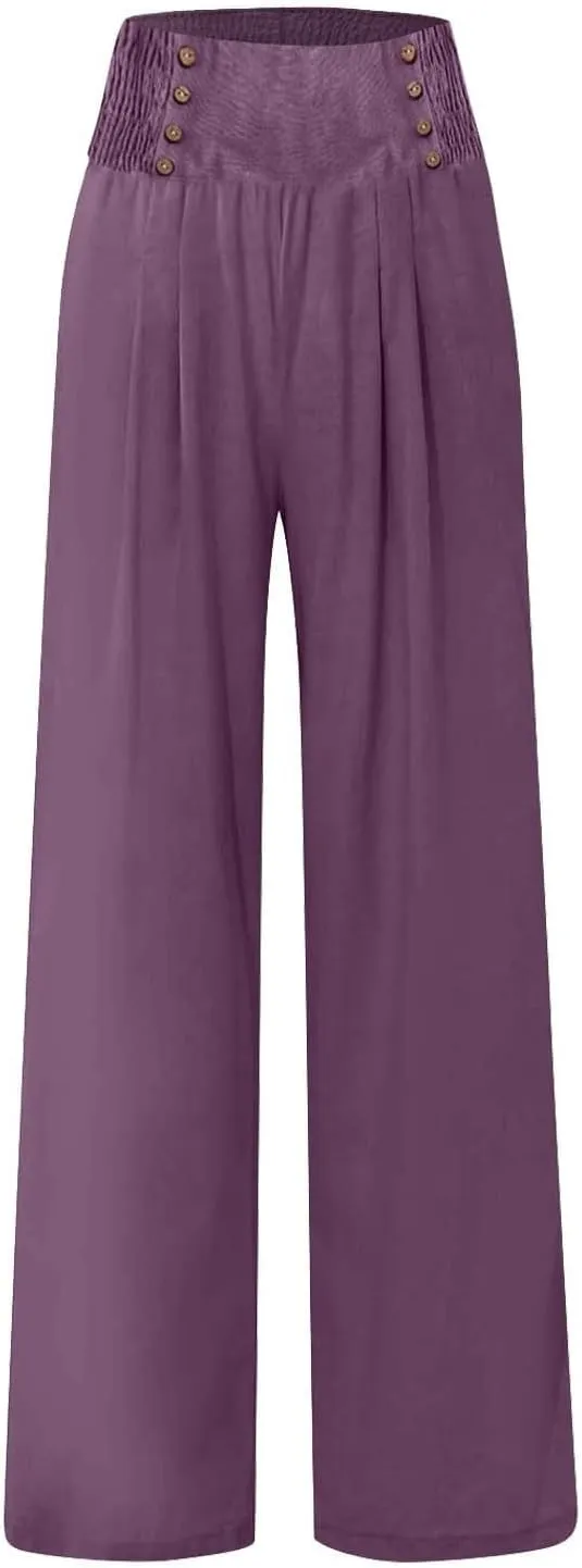 Women Linen Palazzo Pants Summer High Waist Wide Leg Flowy Smocked Pants Beach Vacation Clothes Casual Lounge Outfits