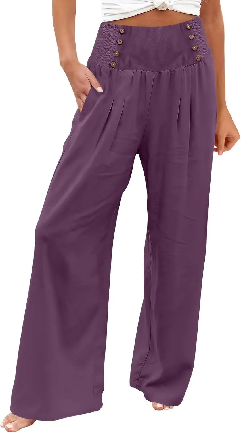Women Linen Palazzo Pants Summer High Waist Wide Leg Flowy Smocked Pants Beach Vacation Clothes Casual Lounge Outfits