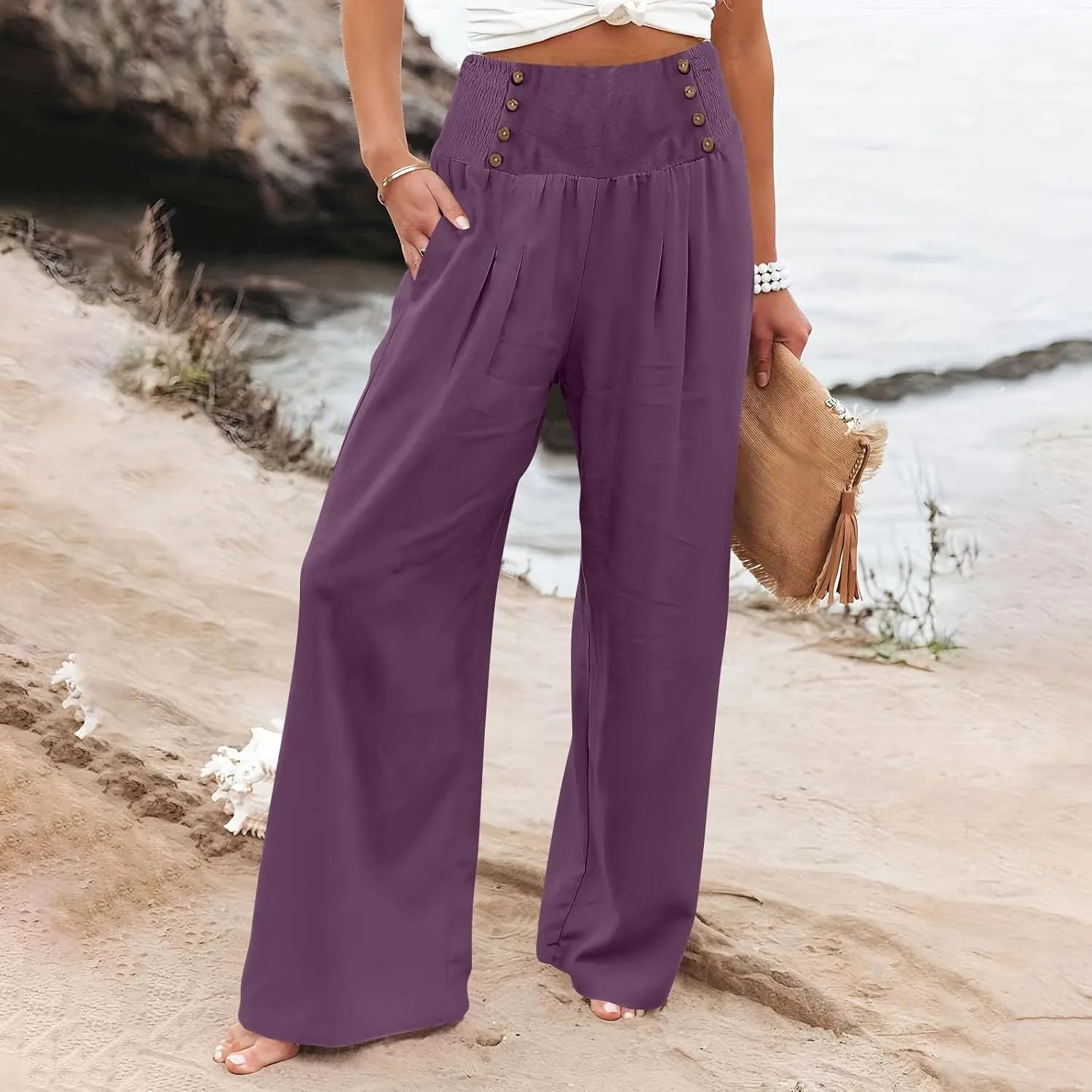 Women Linen Palazzo Pants Summer High Waist Wide Leg Flowy Smocked Pants Beach Vacation Clothes Casual Lounge Outfits