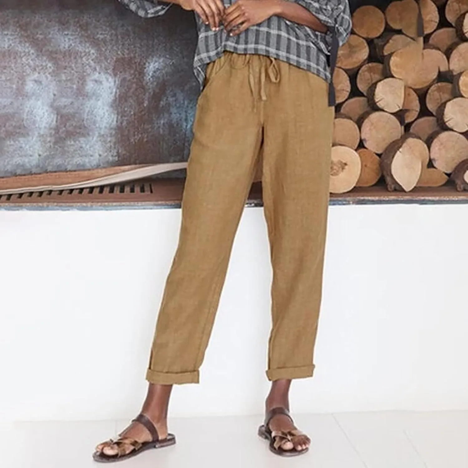 Women Linen Pants Drawstring High Waisted Lounge Pants Summer Travel Beach Trousers with Pockets 2025