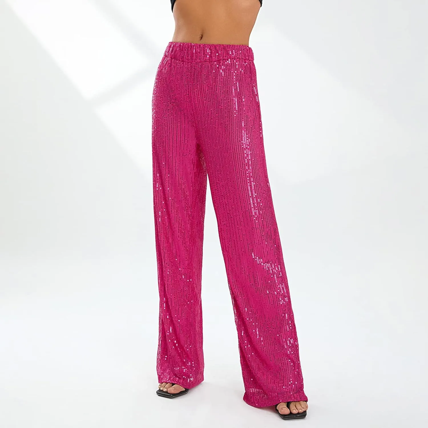 Women Sequins Wide Leg Pants High Waist Sparkle Glitter Trousers Bling Glitter Elastic Loose Flare Bell Bottom Shiny Pants