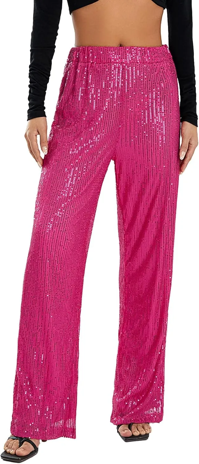 Women Sequins Wide Leg Pants High Waist Sparkle Glitter Trousers Bling Glitter Elastic Loose Flare Bell Bottom Shiny Pants