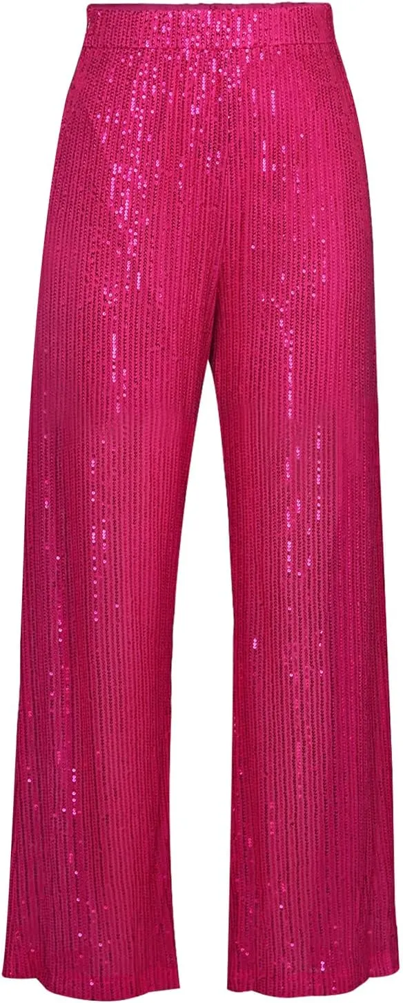 Women Sequins Wide Leg Pants High Waist Sparkle Glitter Trousers Bling Glitter Elastic Loose Flare Bell Bottom Shiny Pants