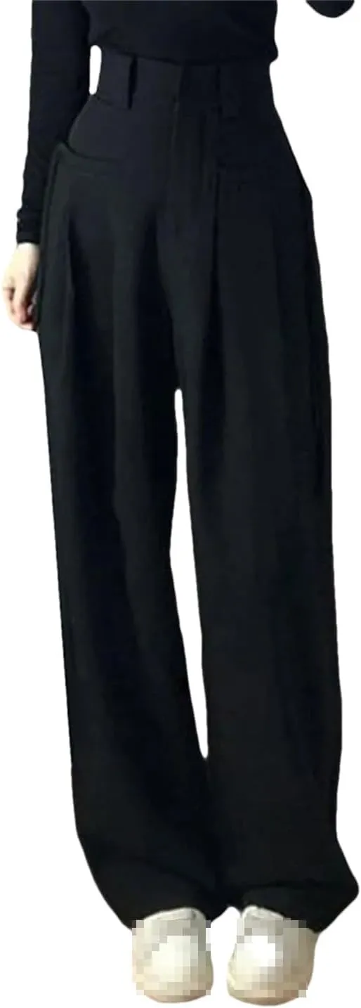 Women Solid Color Suit Pants High Waist Pockets Zipper Casual Length Wide Leg Trousers