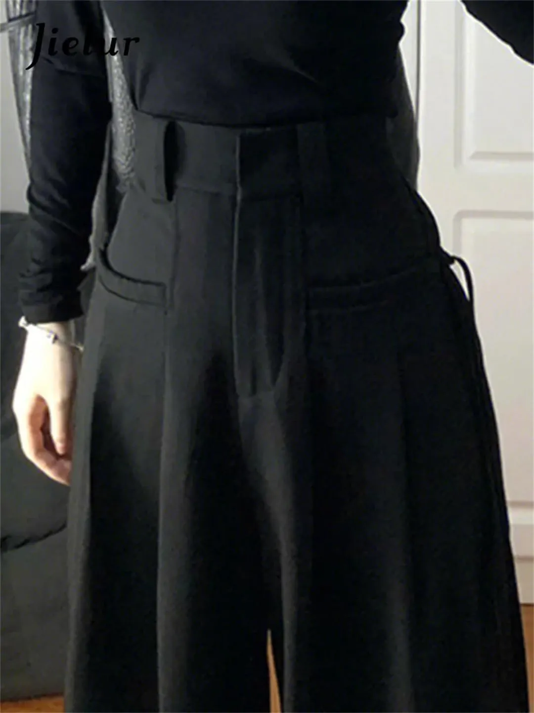 Women Solid Color Suit Pants High Waist Pockets Zipper Casual Length Wide Leg Trousers