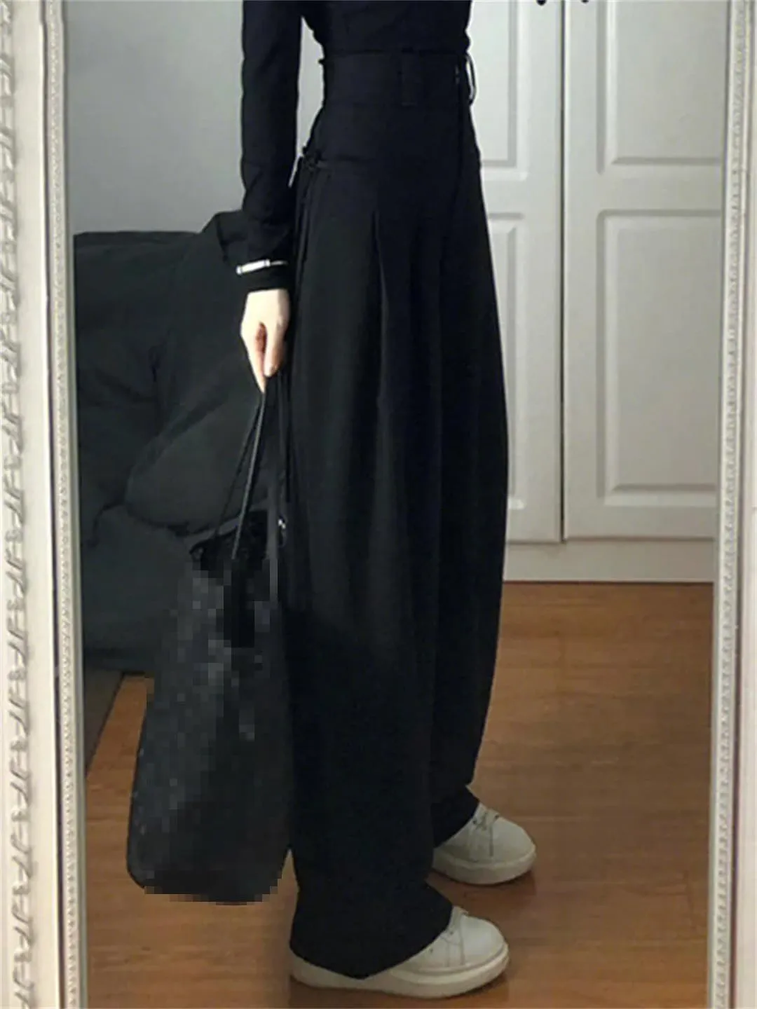 Women Solid Color Suit Pants High Waist Pockets Zipper Casual Length Wide Leg Trousers