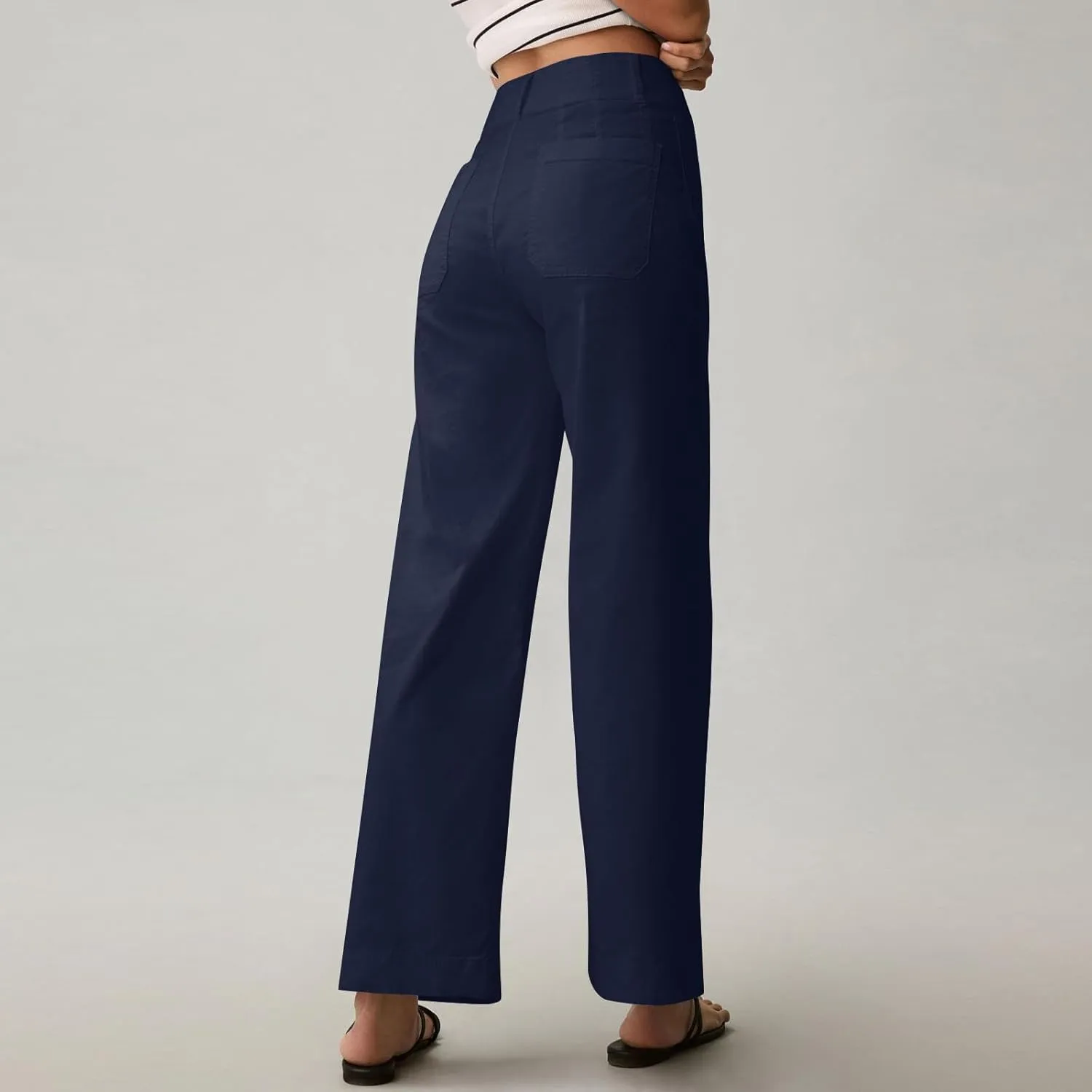 Women Stretch Twill Cropped Pants Wide Leg Jeans with Patch Pocket Straight Leg Chino Pants Casual Ankle Jeans
