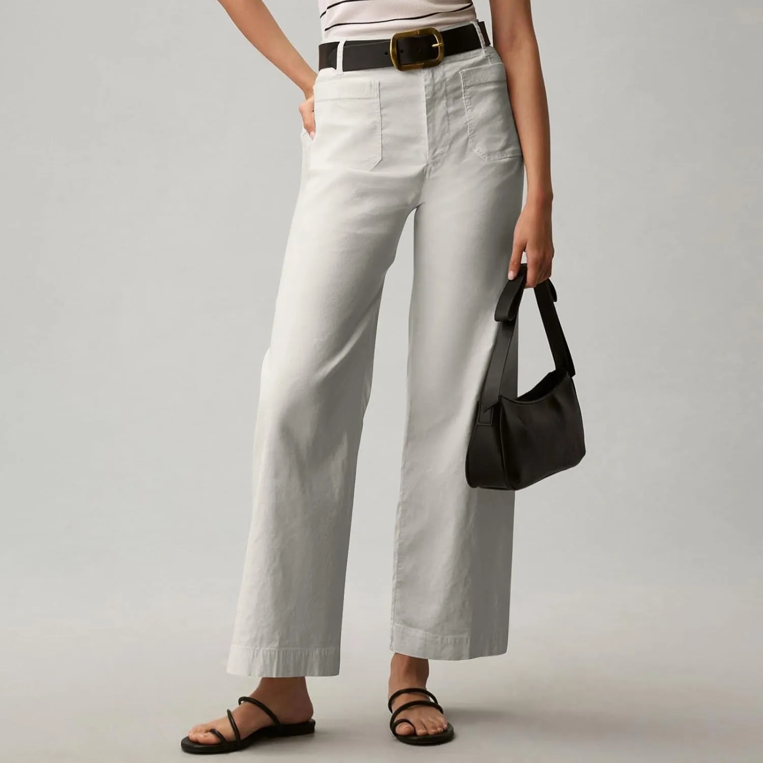 Women Stretch Twill Cropped Pants Wide Leg Jeans with Patch Pocket Straight Leg Chino Pants Casual Ankle Jeans