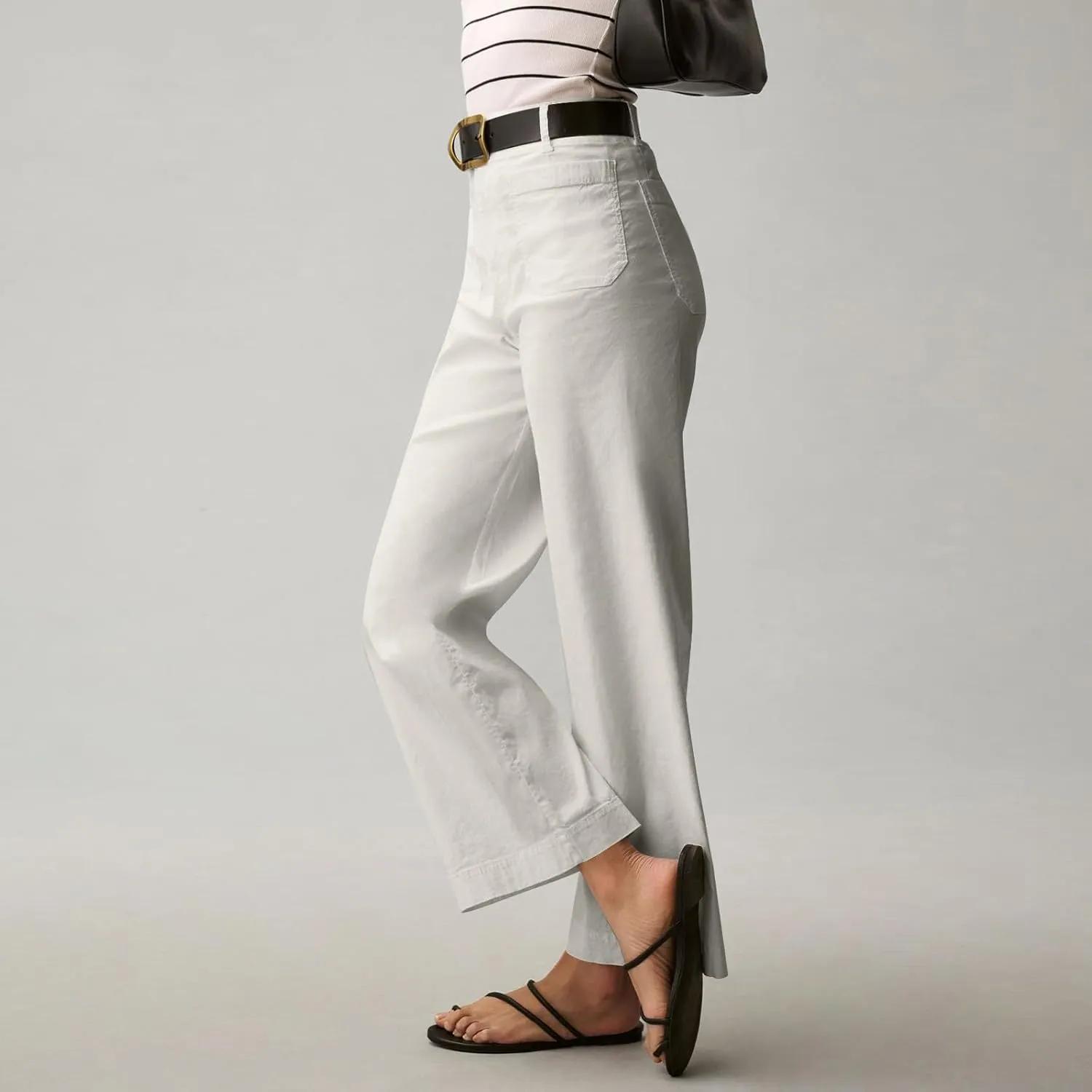 Women Stretch Twill Cropped Pants Wide Leg Jeans with Patch Pocket Straight Leg Chino Pants Casual Ankle Jeans