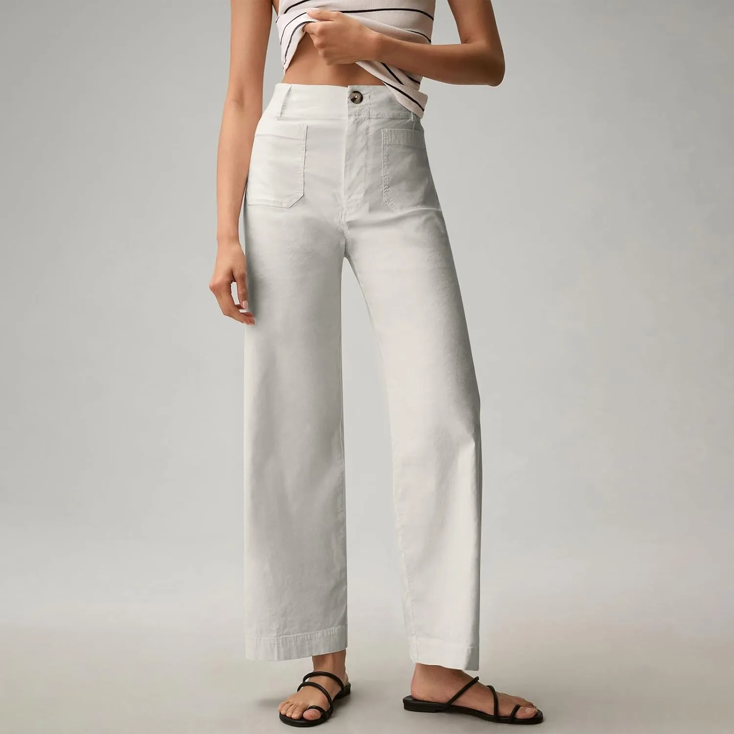 Women Stretch Twill Cropped Pants Wide Leg Jeans with Patch Pocket Straight Leg Chino Pants Casual Ankle Jeans