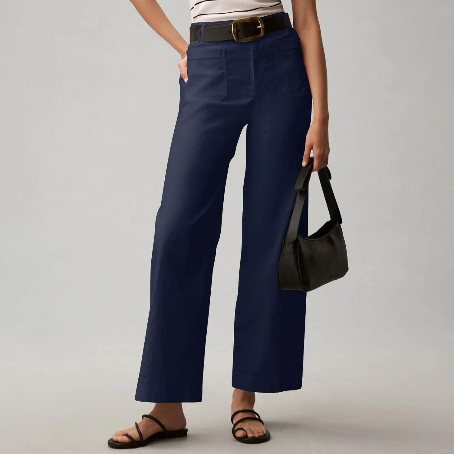 Women Stretch Twill Cropped Pants Wide Leg Jeans with Patch Pocket Straight Leg Chino Pants Casual Ankle Jeans