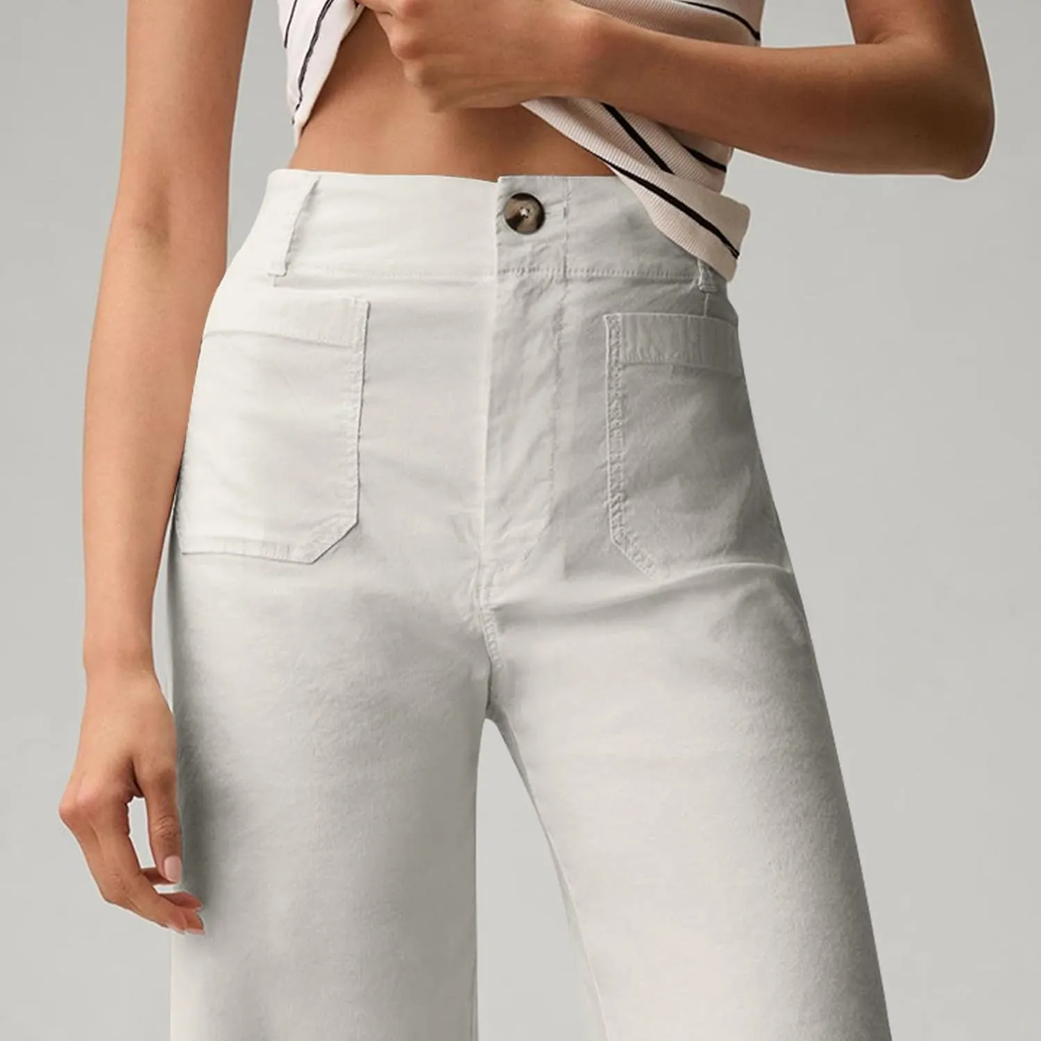 Women Stretch Twill Cropped Pants Wide Leg Jeans with Patch Pocket Straight Leg Chino Pants Casual Ankle Jeans
