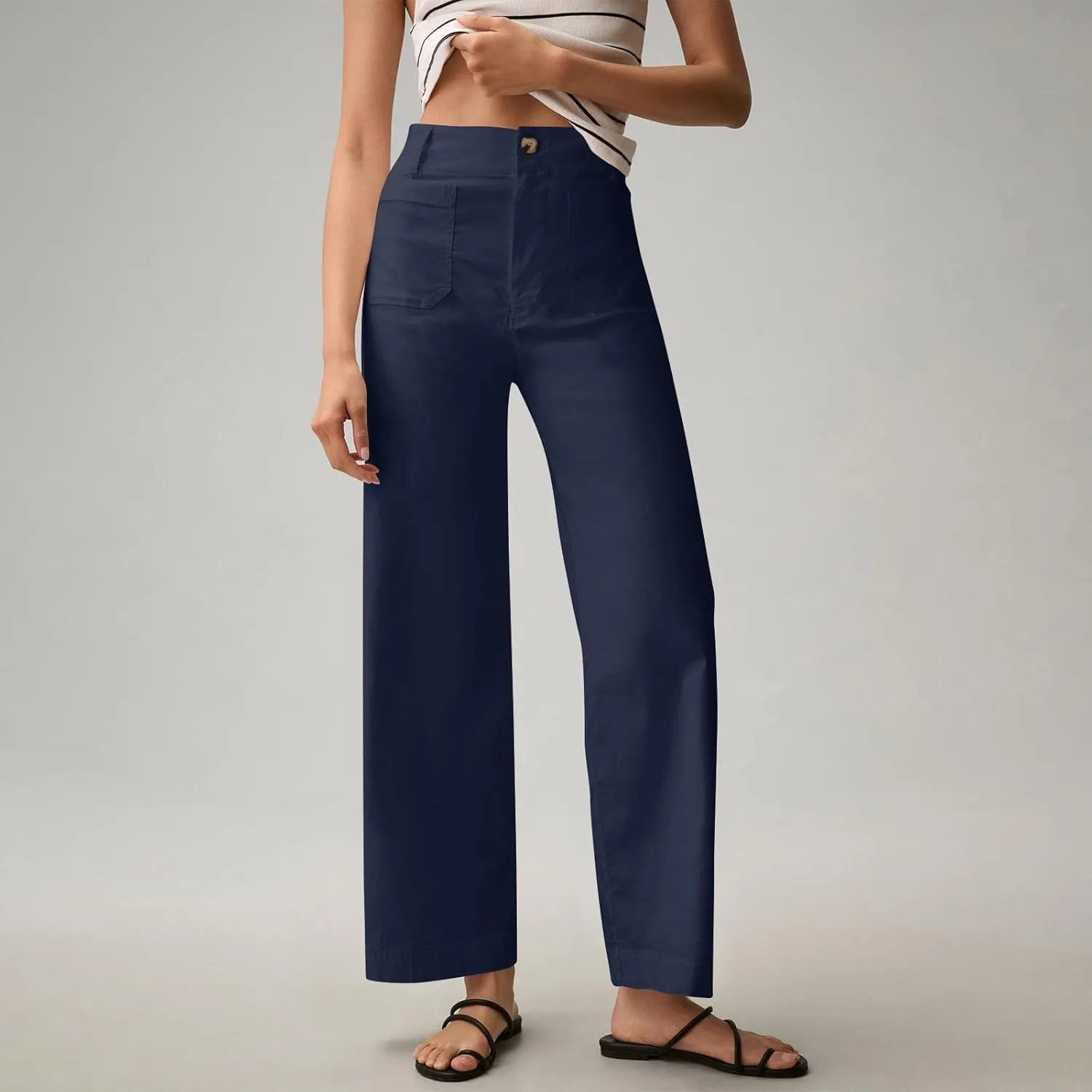 Women Stretch Twill Cropped Pants Wide Leg Jeans with Patch Pocket Straight Leg Chino Pants Casual Ankle Jeans
