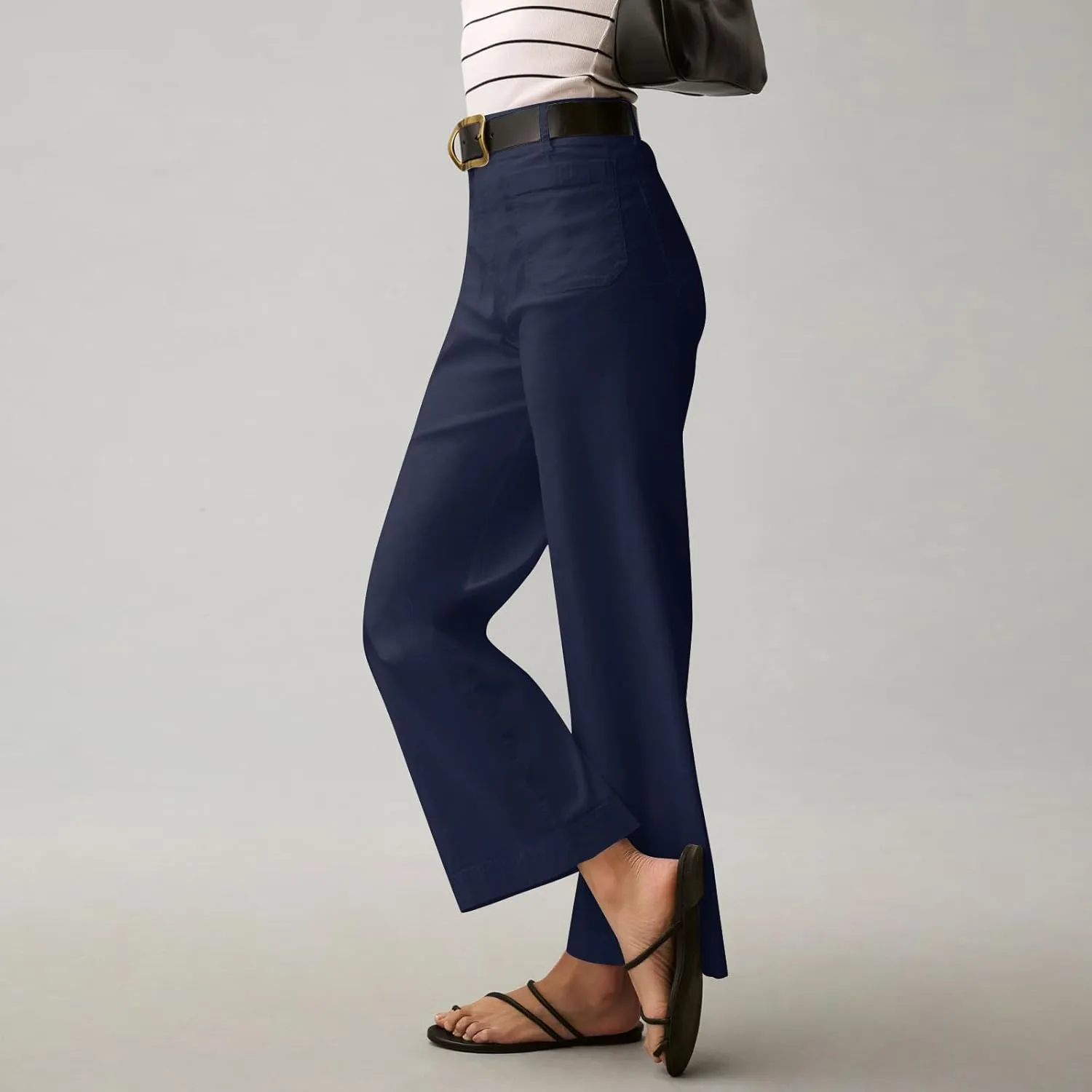 Women Stretch Twill Cropped Pants Wide Leg Jeans with Patch Pocket Straight Leg Chino Pants Casual Ankle Jeans