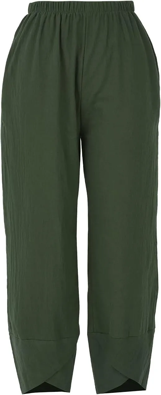 Women Summer Cotton Linen Niners Pants Wide Leg Middle Waist Loose Casual Trousers Beach Pant Outfits