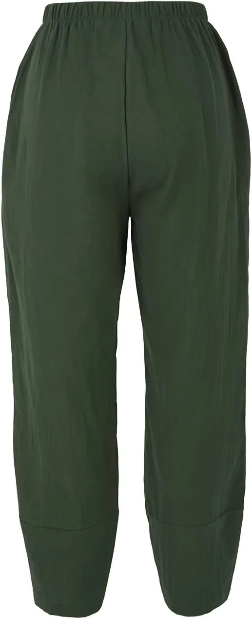 Women Summer Cotton Linen Niners Pants Wide Leg Middle Waist Loose Casual Trousers Beach Pant Outfits