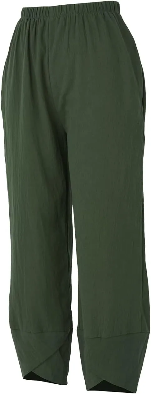 Women Summer Cotton Linen Niners Pants Wide Leg Middle Waist Loose Casual Trousers Beach Pant Outfits