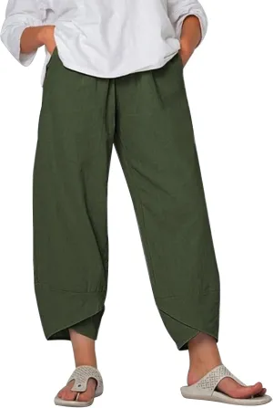 Women Summer Cotton Linen Niners Pants Wide Leg Middle Waist Loose Casual Trousers Beach Pant Outfits