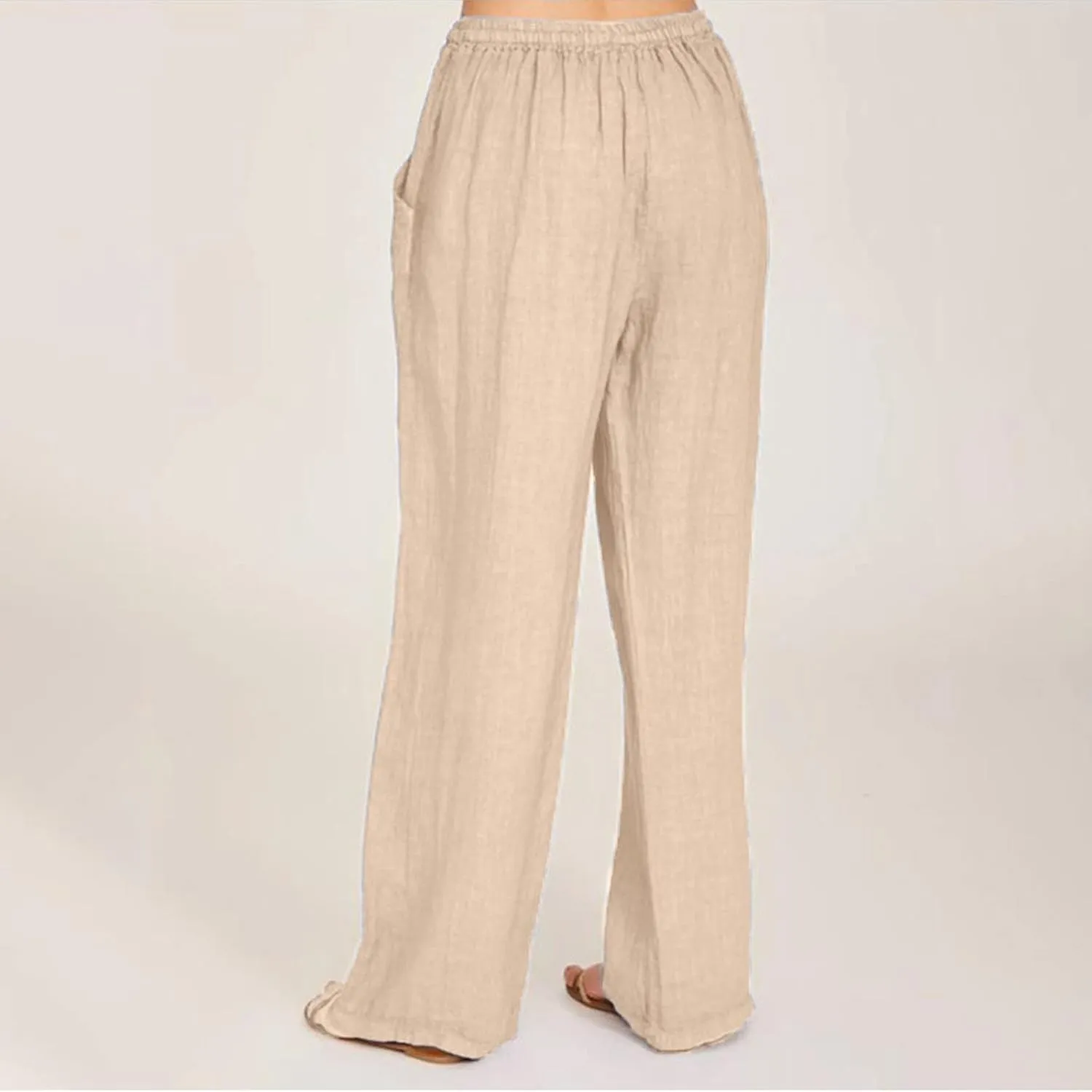 Women Summer High Waisted Linen Palazzo Pants Straight Leg Wide Leg Pant Drawstring Trousers with Pocket