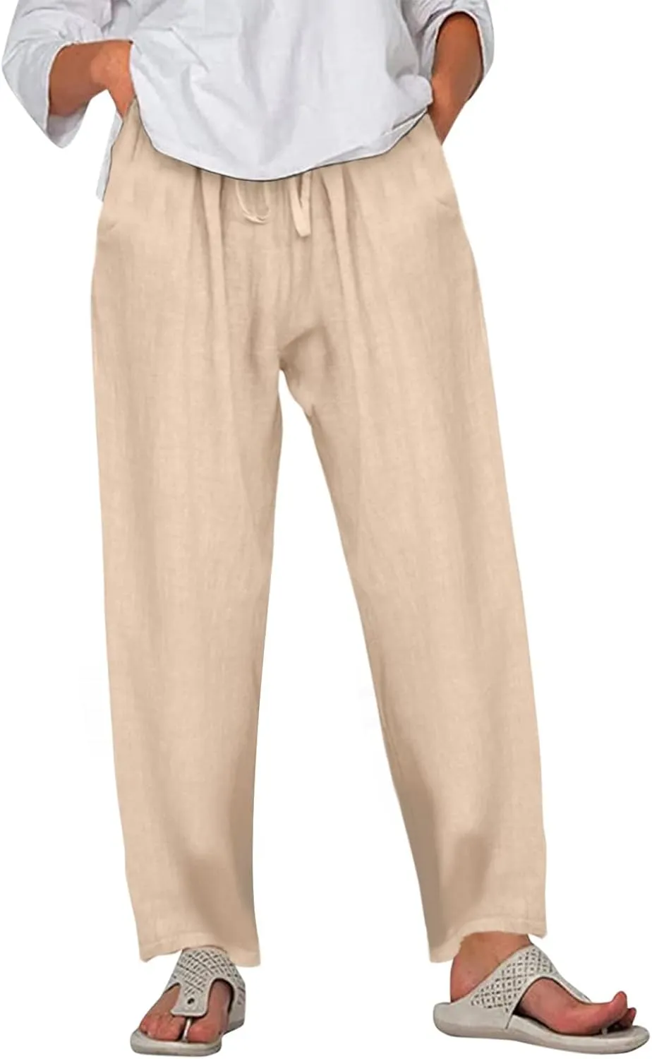 Women Summer High Waisted Linen Palazzo Pants Straight Leg Wide Leg Pant Drawstring Trousers with Pocket