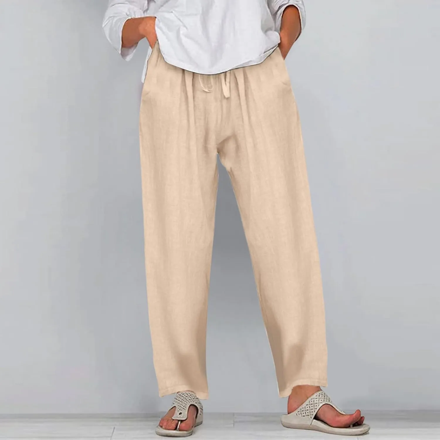 Women Summer High Waisted Linen Palazzo Pants Straight Leg Wide Leg Pant Drawstring Trousers with Pocket