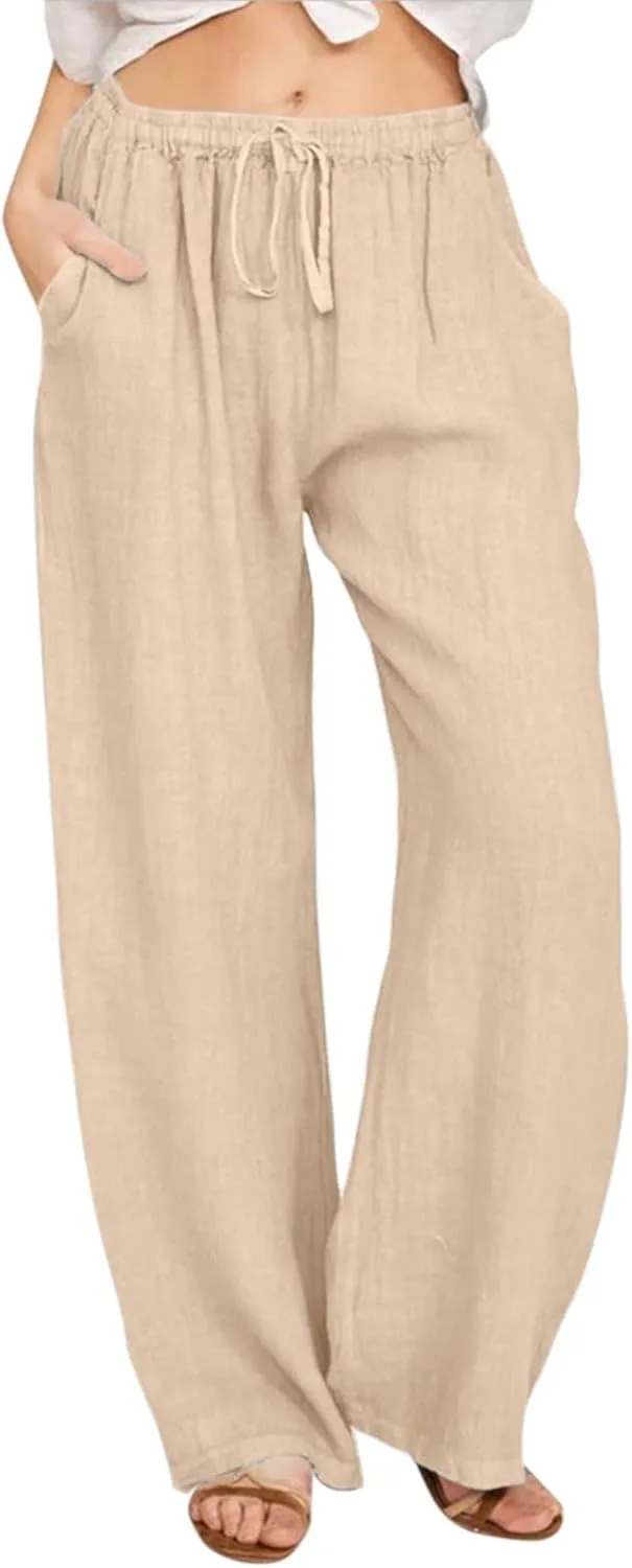 Women Summer High Waisted Linen Palazzo Pants Straight Leg Wide Leg Pant Drawstring Trousers with Pocket